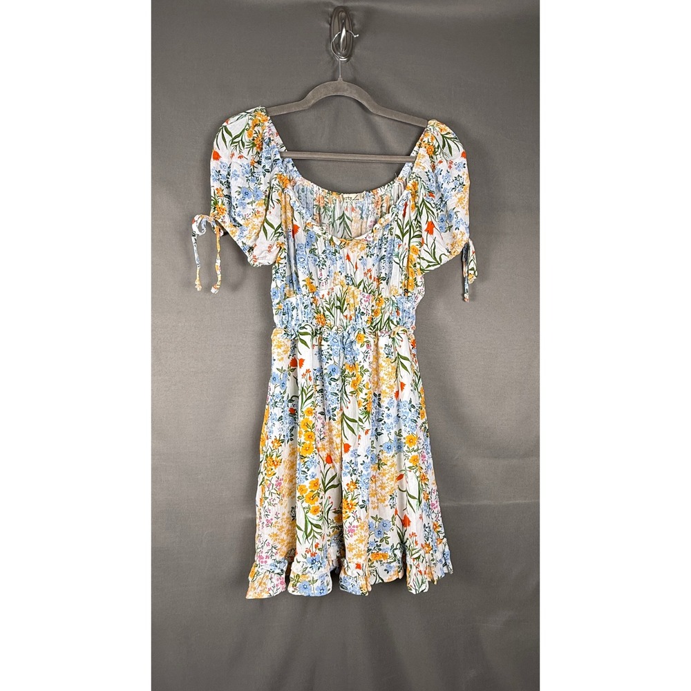 Liberty Love Floral Smocked Waist Mini Dress Womens Medium White Blue Yellow